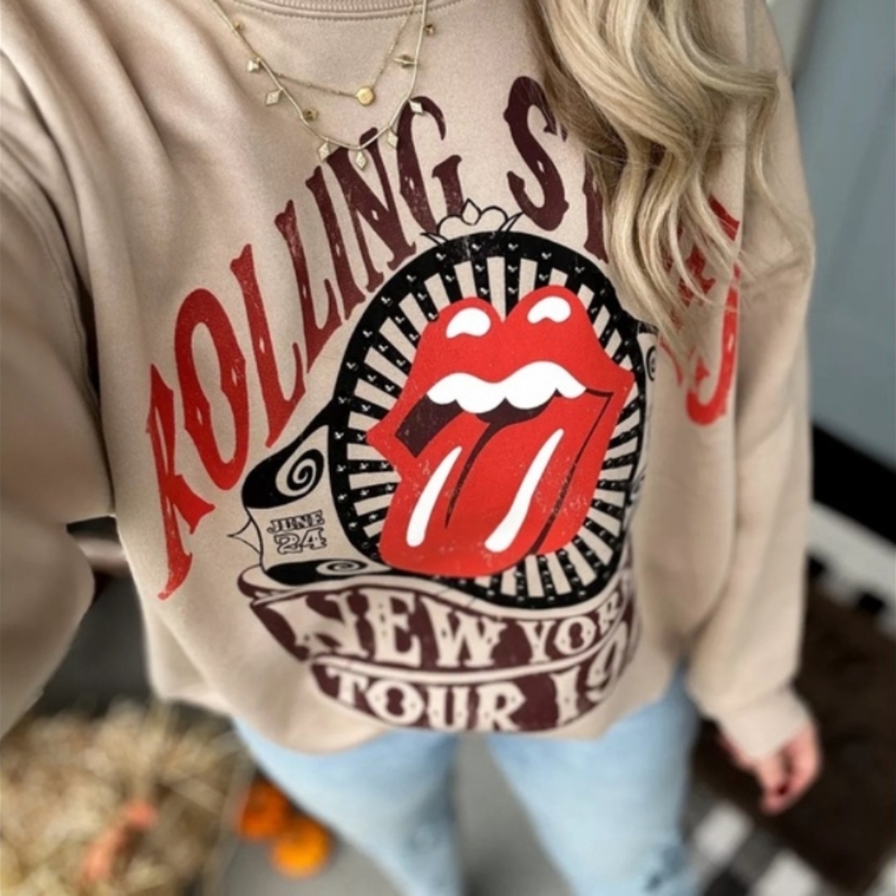 Urban Outfitters Rolling Stones Graphic Tan Bling Embellished Sweatshirt